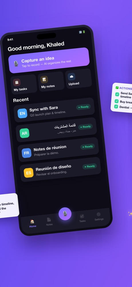 ActionNote home screen with notes in English, Arabic and French