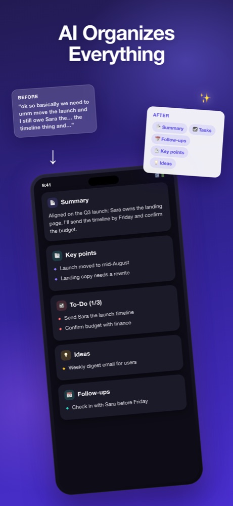 AI organizes a ramble into summary, key points and tasks